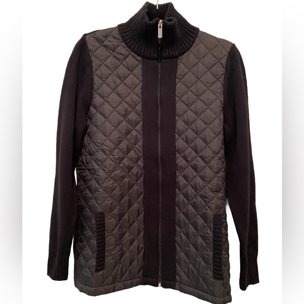 Denim & Co. Quilted Mixed Media Zipper Front Sweater Jacket Black S New - Picture 2 of 11